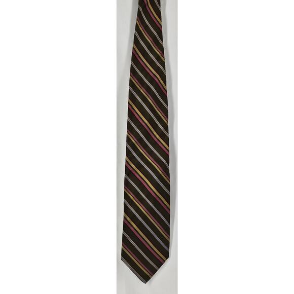 J CREW VINTAGE MEN'S 100% SILK BROWN/GOLD/PINK WHITE STRIPED NECK TIE - Picture 2 of 8